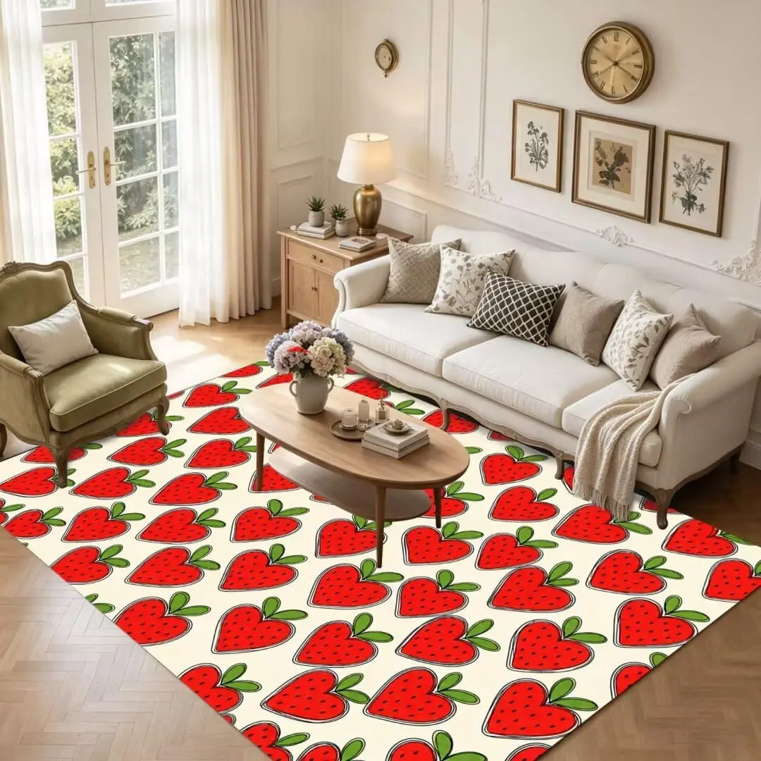 10x12 Extra Large Red Strawberry Cartoon Area Rug Soft Non Slip Washable Carpet for Apartment Coffee Table Living Room Home Deco