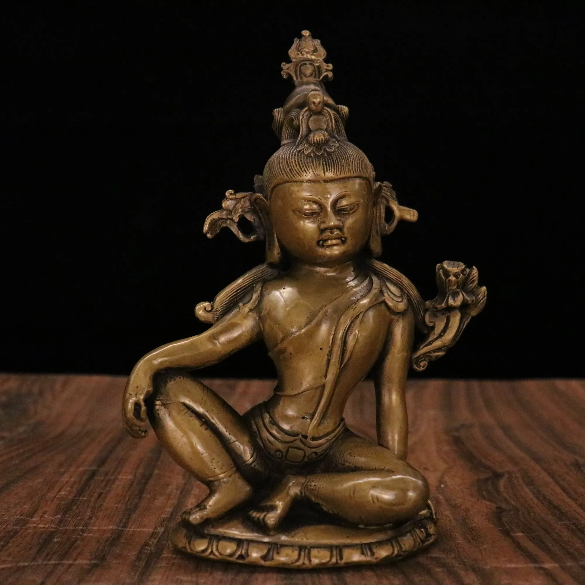 

8"Tibetan Temple Collection Old Bronze Patina Manjushri Guanyin Bodhisattva Sitting Buddha Worship Hall Town house Exorcism