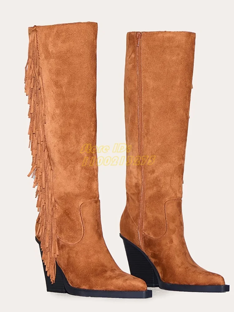 

Замшевые сапоги до колена, пикантные замшевые сапоги с острым носком на высоком каблуке, взлетно-посадочная полоса, зима-осень 2029, женские модельные туфли, замшевые туфли на массивном каблуке