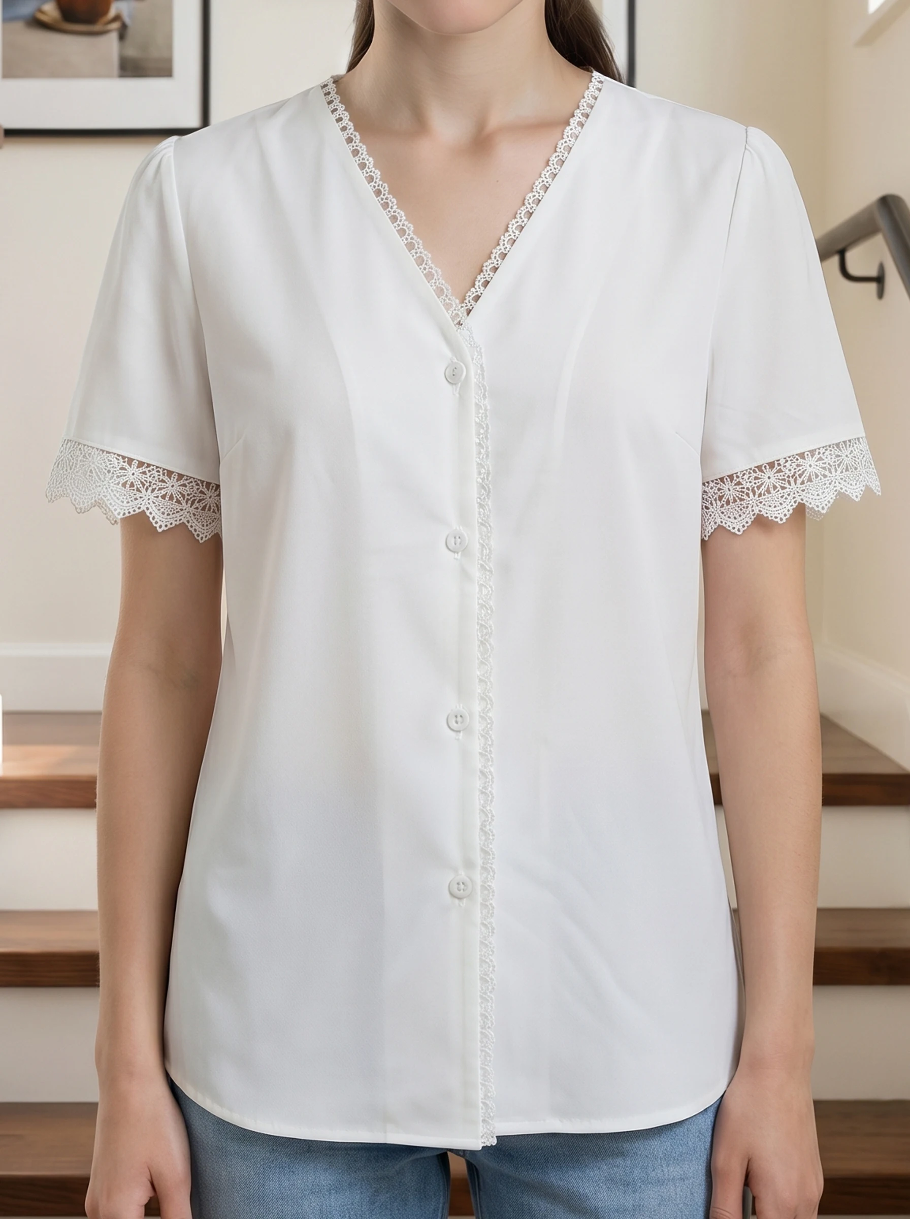 

Rosa fera Women V Neck Lace Trim Blouse Short Sleeve Button Front Elegant Shirt