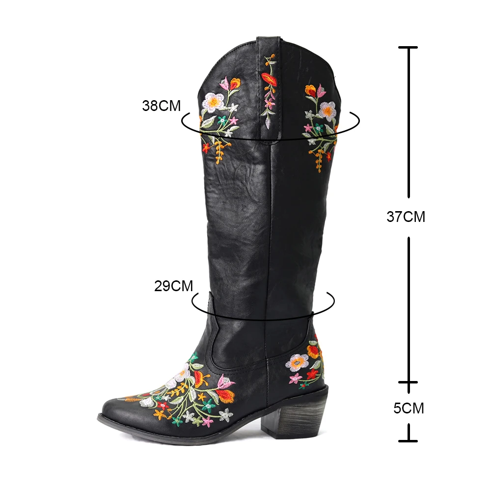 Botas con bordado de flores Vintage para mujer, botas vaqueras occidentales, trabajo informal, equitación, tacón grueso, novedad