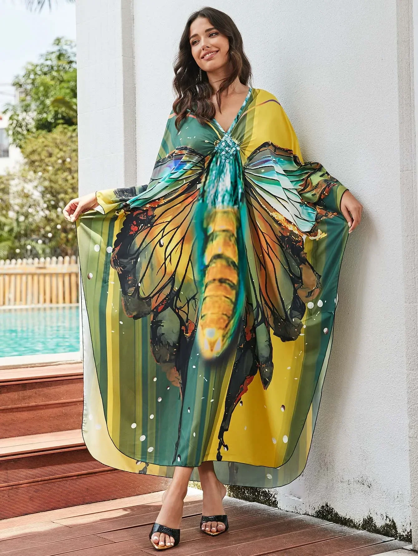 

Beach Dresses Butterfly Swing Printed Kaftans for Women Maxi Robe Summer Holiday Bathing Suits Dropshipping Factory Supply