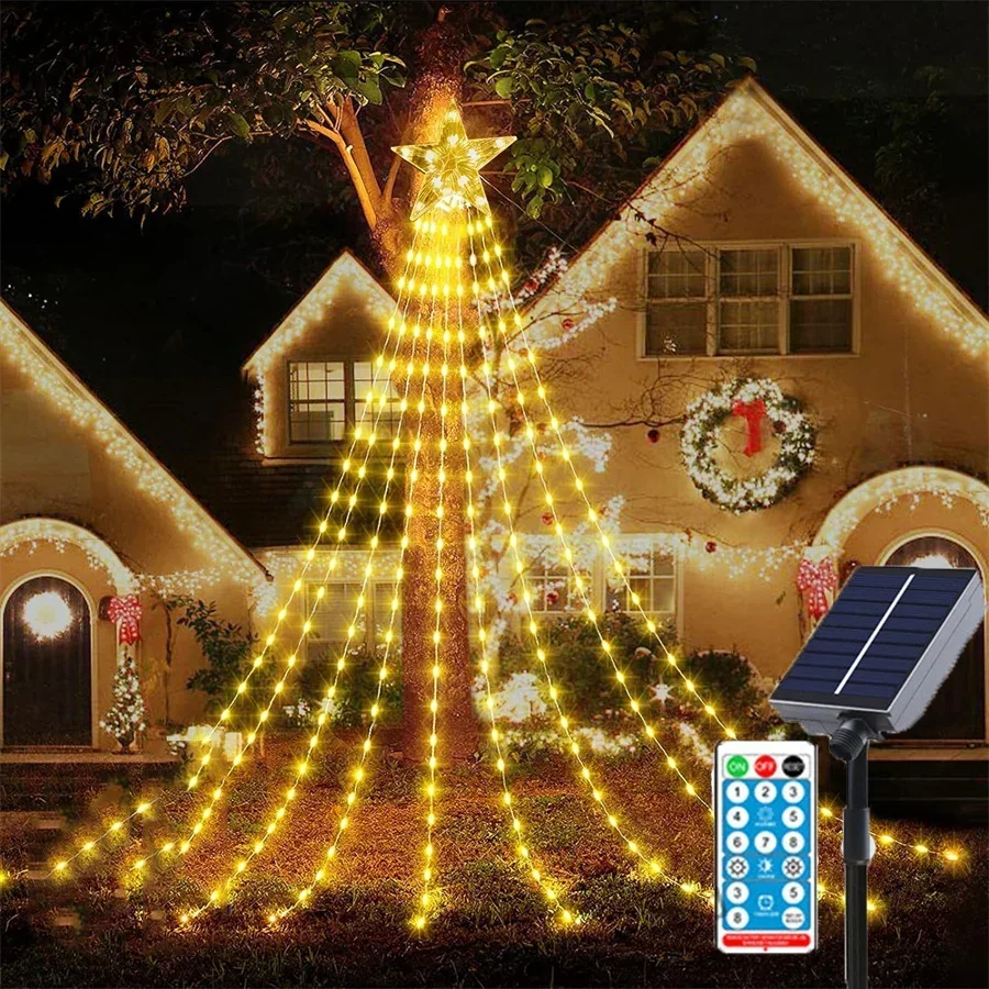 9X3M Outdoor Solar Waterfall Star String Lights 288 Solar Christmas Tree Topper Star Fairy Light Garland Solar Tree Icicle Light