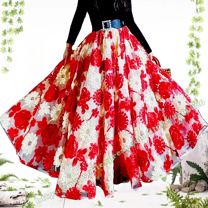 

Embroidered Red Floral Puffy Maxi Womens Skirt Mesh organza Retro Fairycore Bridal Long Skirts for women Fashion 2024