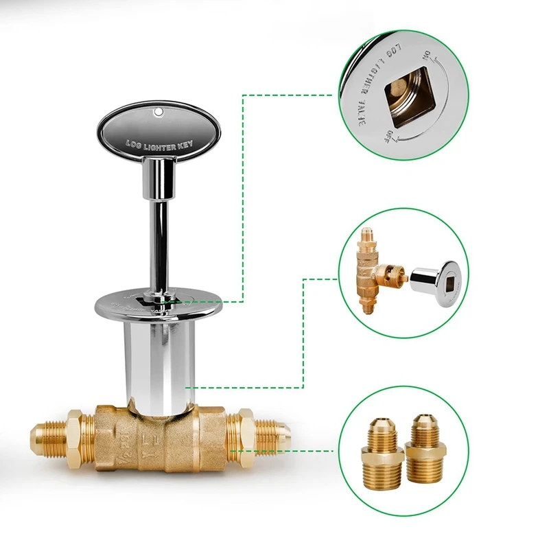 Em linha reta Quarter Turn Shut-Off Kit Válvula, Gás Pits fogo com flange cromado polido, Kit para NG LP, 1/2"