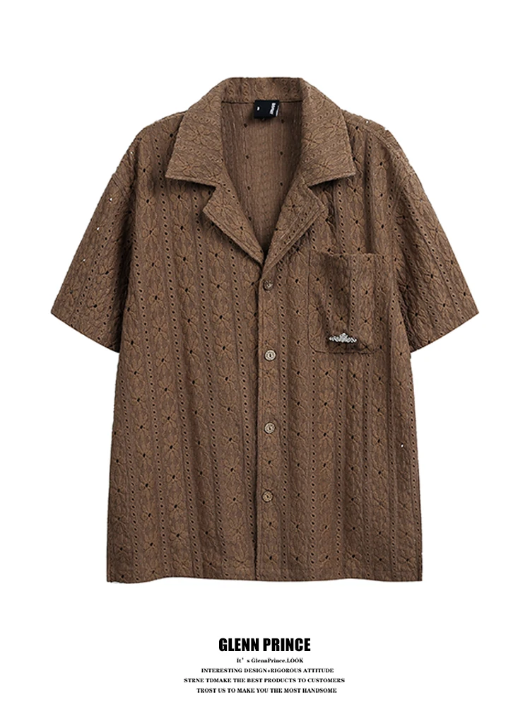 

GPstudio Hollow out Cuban Collar Short Sleeve Shirt Vintage Feel Summer 2026 New Style Breathable Casual Shirt for Men