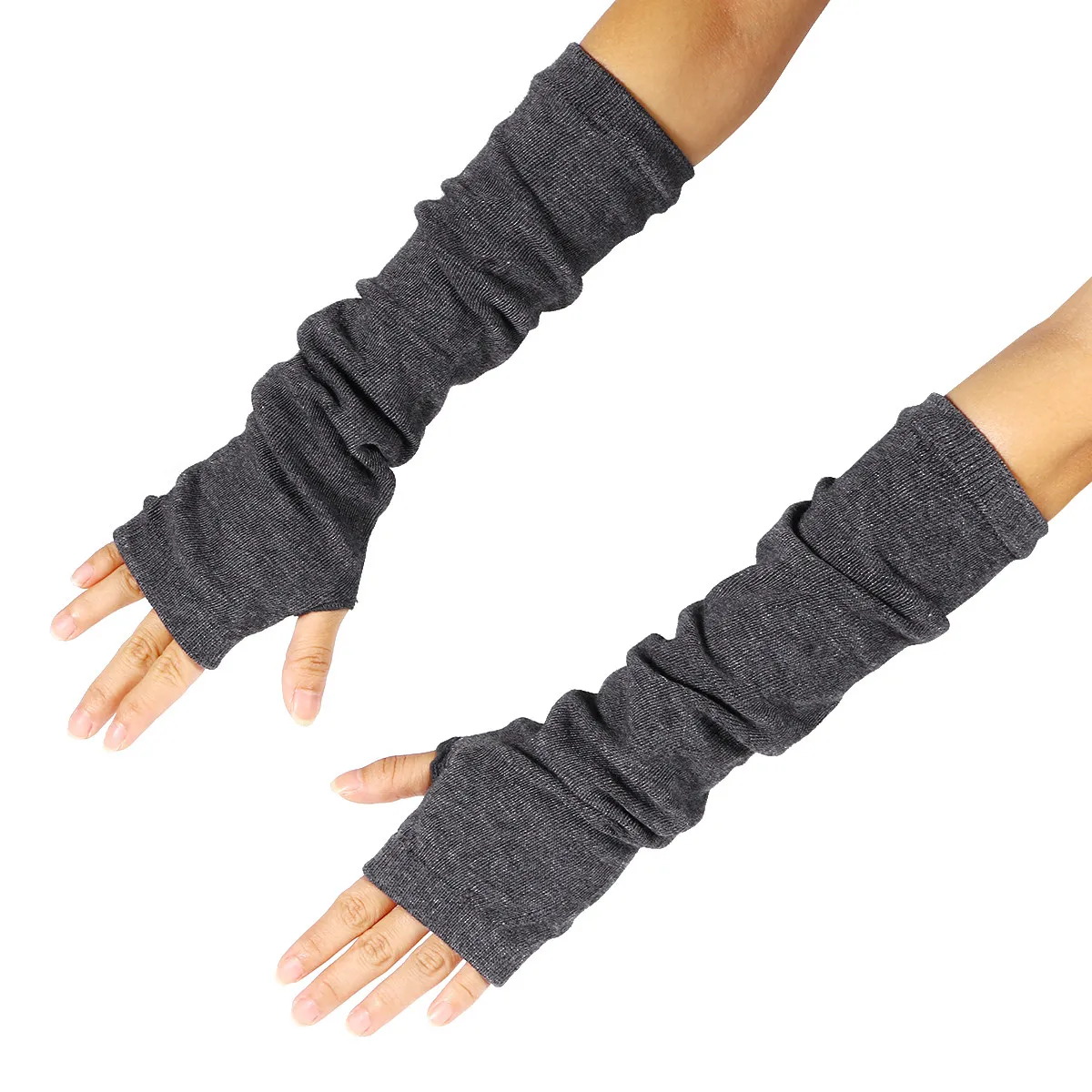 Dark Grey Winter Knitted Half Finger Gloves Long Arm Sleeve Fingerless Warm Soft Breathable Comfortable Winter Long Gloves