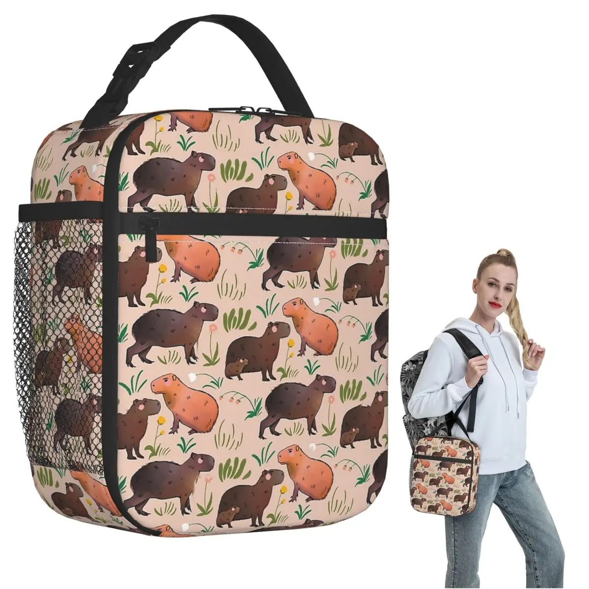 Capybara - Cute Green And Brown Animal Illustration Pattern Insulated Lunch Bag Portable Food Boxes Thermal Lunch Box Tot