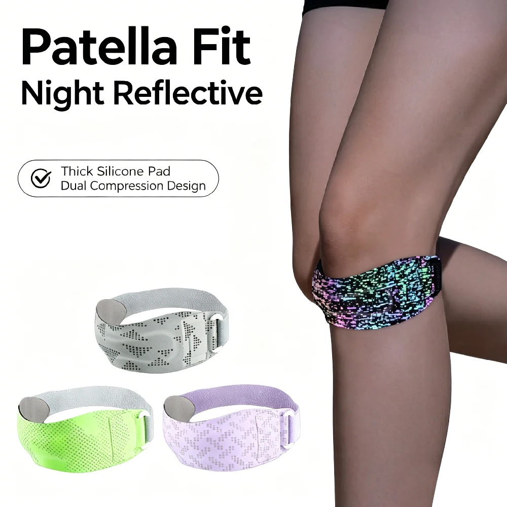 1PCS Reflective Silicone Patella Knee Strap, Patellar Tendon Support Brace for Jumpers Knee, Tendonitis, Sports Knee for Running