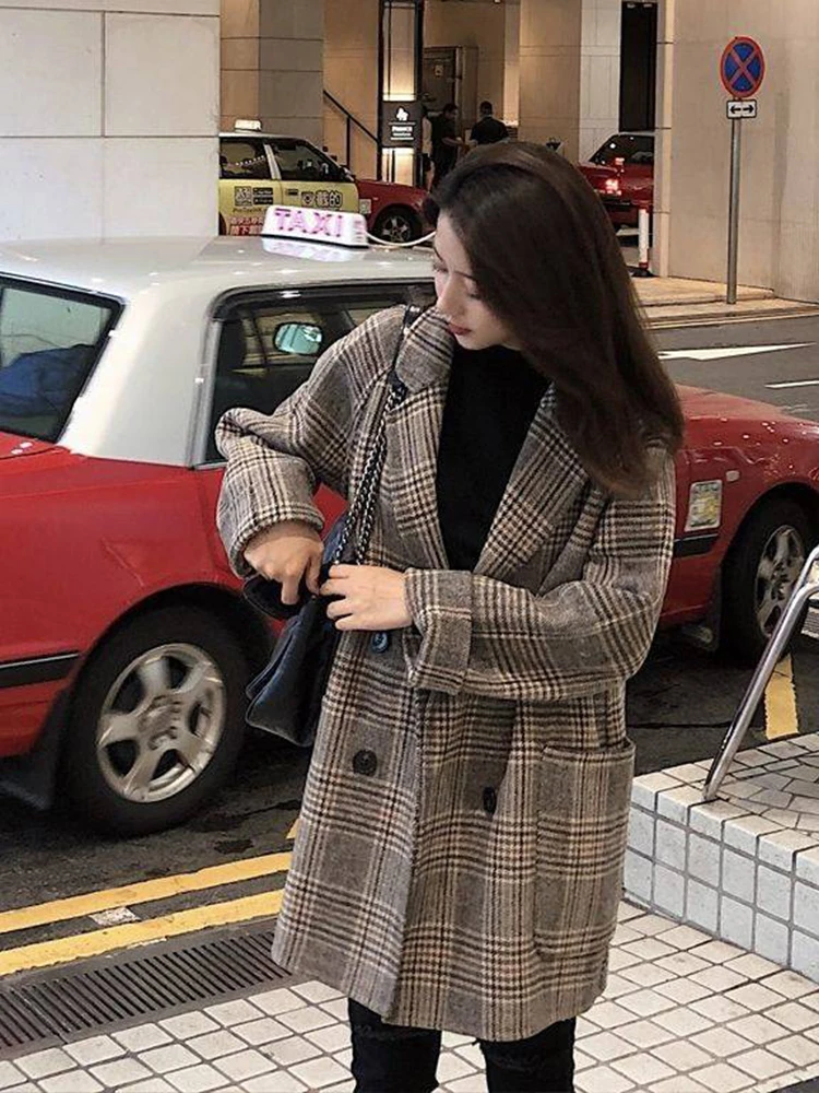 Loose Plaid Woolen Coat for Women Fashion Lapel Slim Women\'s Jackets 2020 Korean Women\'s Autumn Coat Woman clothing