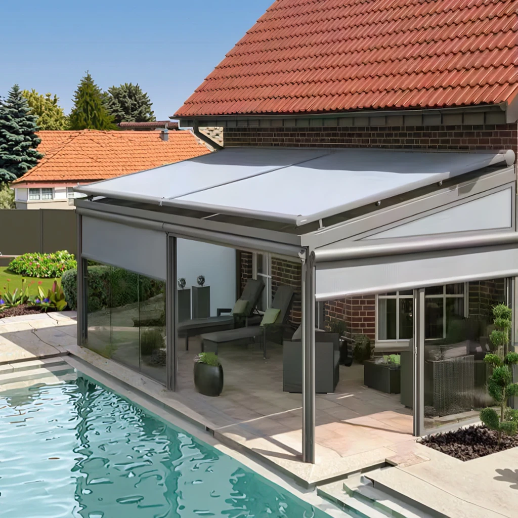 

Factory Direct Toscana Premium Modern Motorized Retractable Aluminum Alloy Frame Patio Shade Water Windproof Sunroof Powder