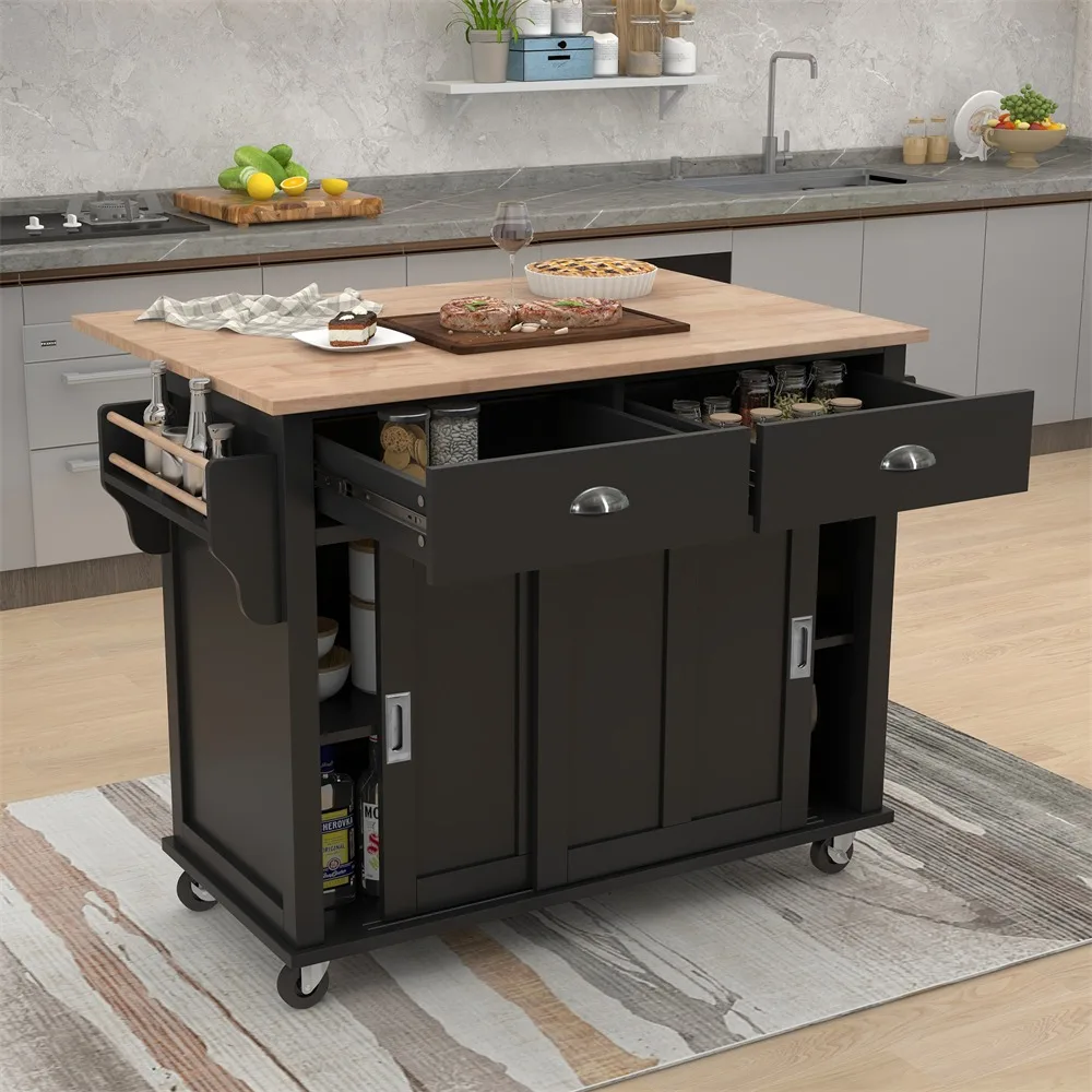 Kitchen Cart, with Rubber Wood Drop-Leaf Countertop, Concealed Sliding Barn Door Adjustable Height, Kitchen Island on 4 Wheels