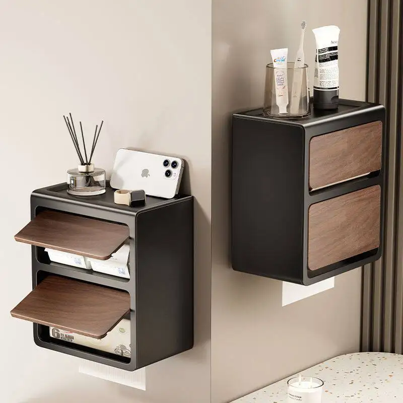 

No-Drill Wall Mounted Toilet Paper Holder, Waterproof Dual Layer Storage Box for Bathroom,Adhesive Organizer for Tissue&Supplies
