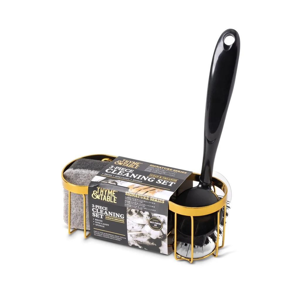 Juego de cepillos Caddy dorados de 3 piezas con ventosa, organizador de fregadero, herramientas de limpieza duraderas, diseño compacto, elegancia de cocina