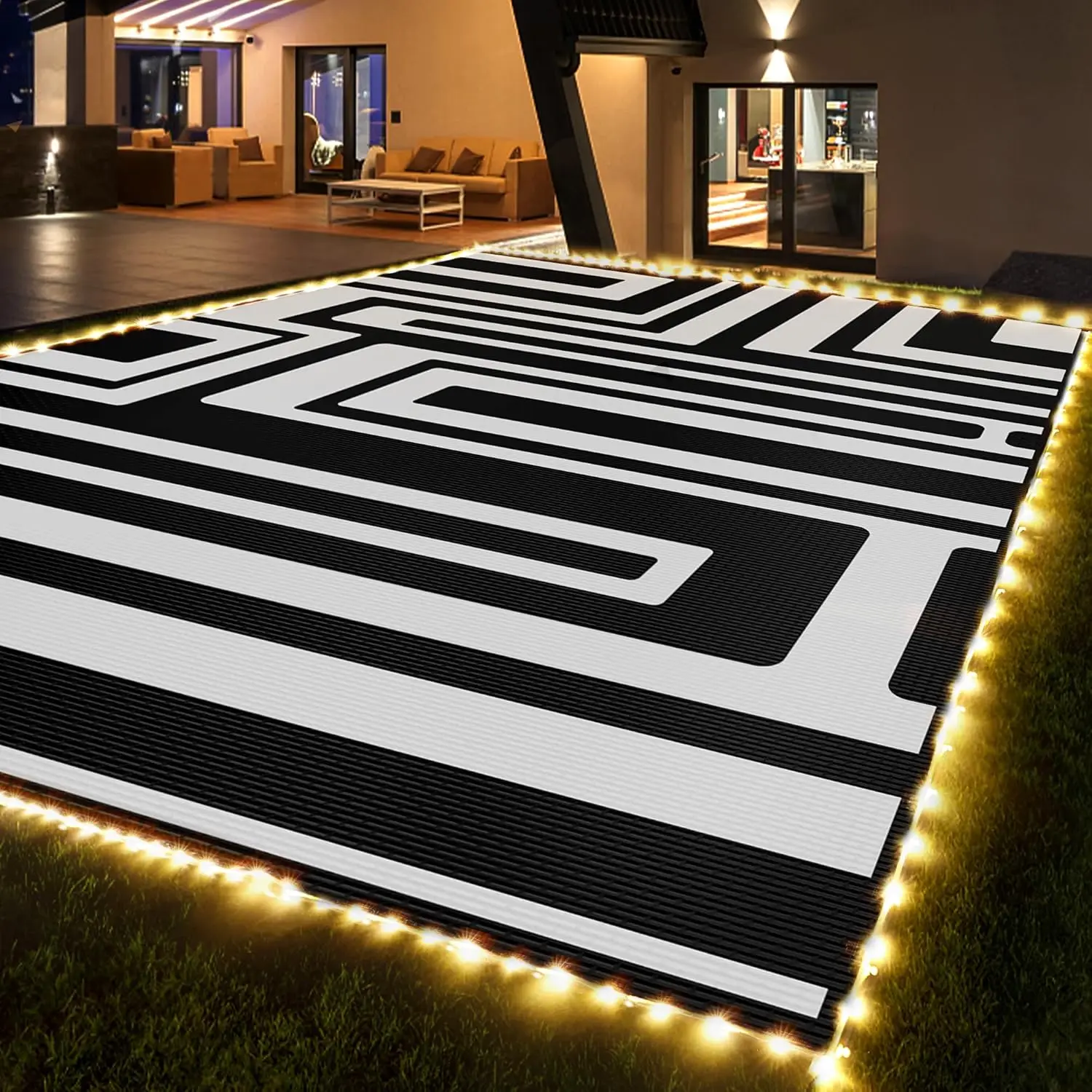 Rug with Lights 9x12ft, Outdoor Plastic Straw Rug, Waterproof, Easy Cleaning, Non Shedding, Foldable and Portable, Reversible Ma