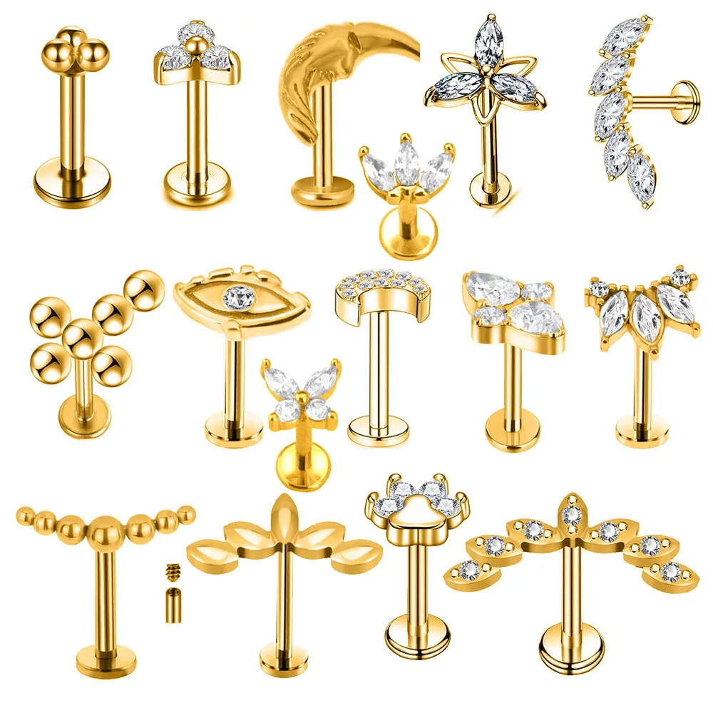 Flower Moon Butterfly Labret Stud Cross Claw Leaf Daith Conch Stud Earring Crown CZ Lip Internal Thread Piercing Surgical Steel