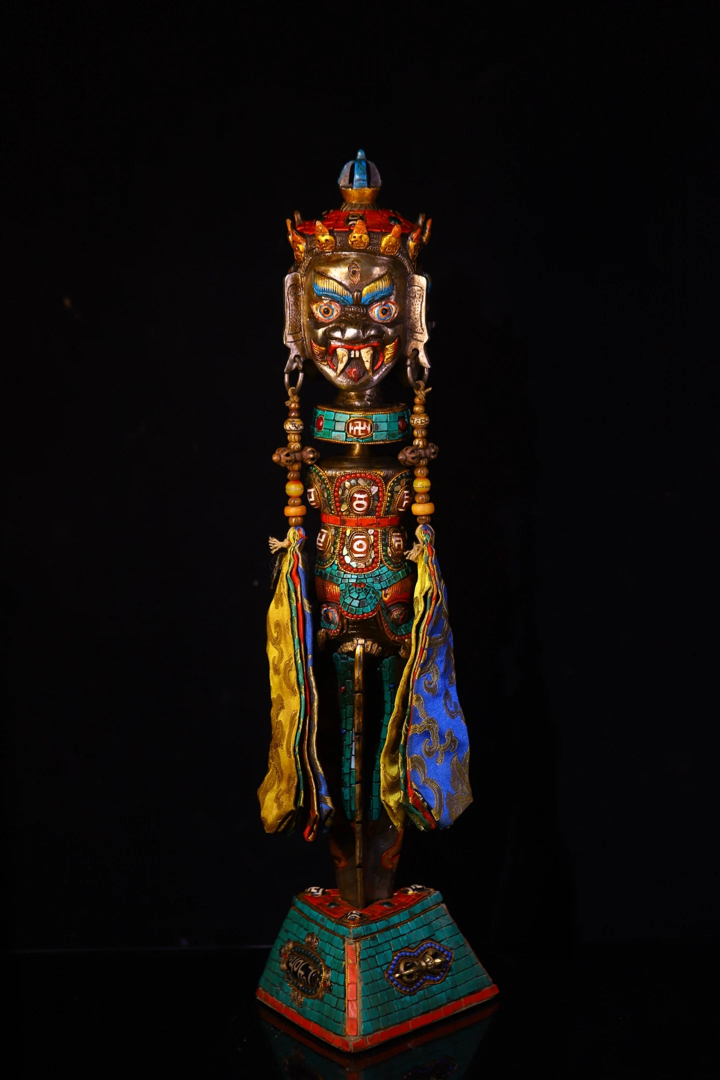 Old Tiantie Painted Mosaic Gem gZi Beads Turquoise Mahakala Buddha Head Skull Vajra Phurpa Amulet Worship Hall