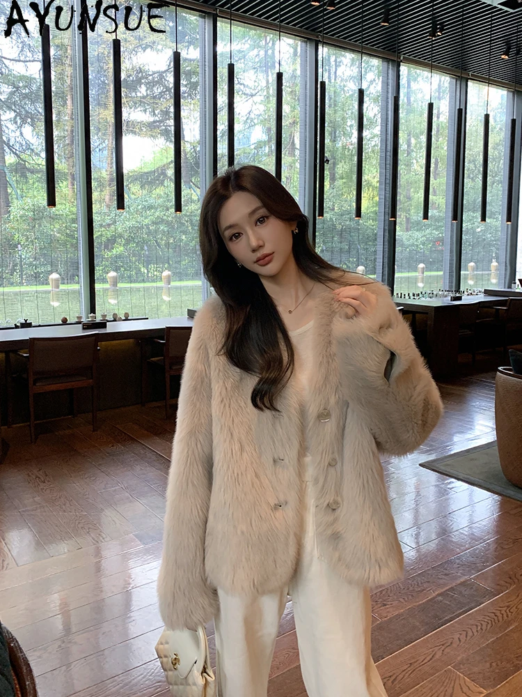 AYUNSUE 2025 جديد شيرلينغ سترة امرأة منتصف طول سترات من الصوف الطبيعي للنساء الملابس الخامس الرقبة الفاخرة الفراء سترة Abrigo Mujer