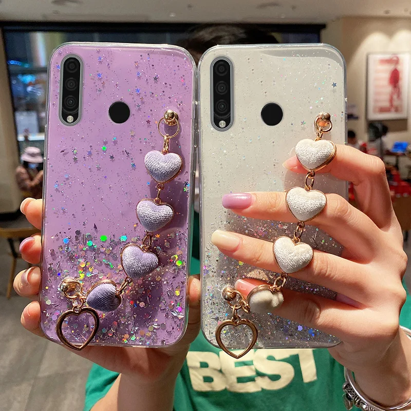 Luxury Love Heart Plush Bracelet Phone Case For Huawei P30Lite P20 P40P50 Mate20 Y7A Y9 Y6P Psmart2021 Wrist Chain Silicon Cover