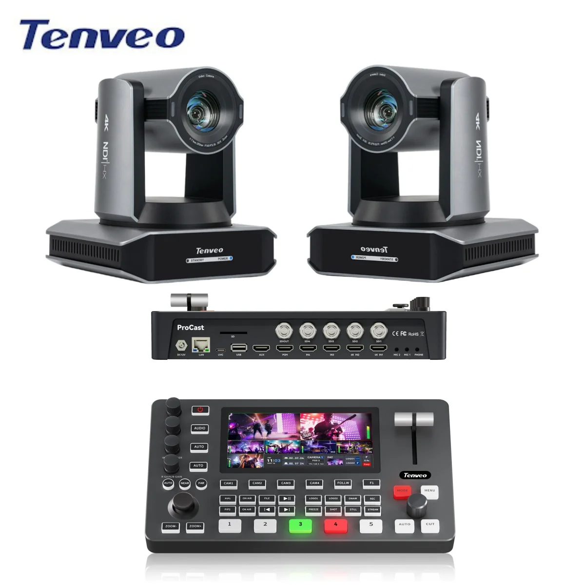 Tenveo X60 NDI 4K Conference Camera AI 30X And PC500 4K All-in-One Video Mixer Switcher 5.5 Inch Screen Video Conference System