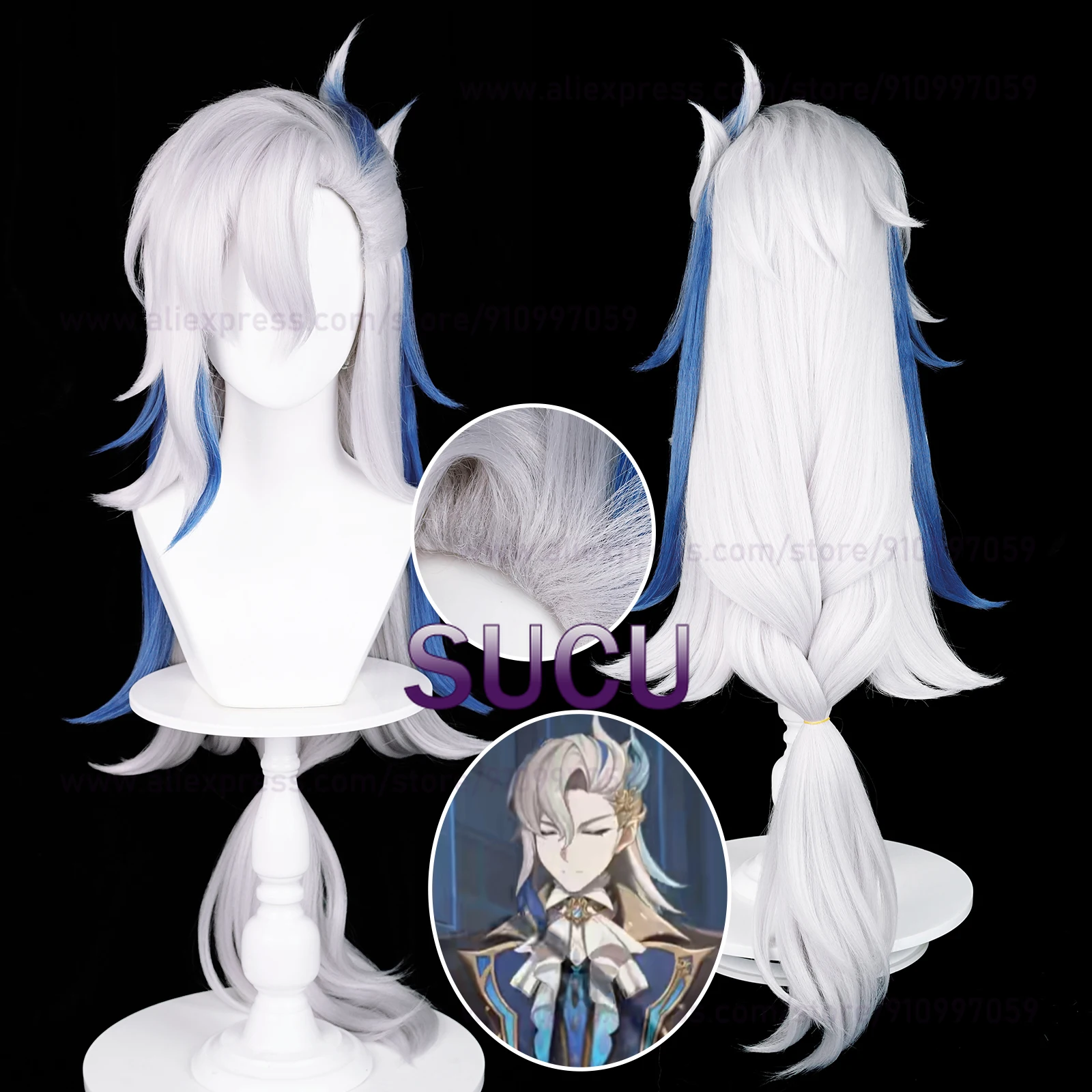 

Neuvillette Cosplay Wig Genshin Impact 100cm Long Blue White Hair Neuvillette Cosplay Fontaine Heat Resistant Synthetic Wigs