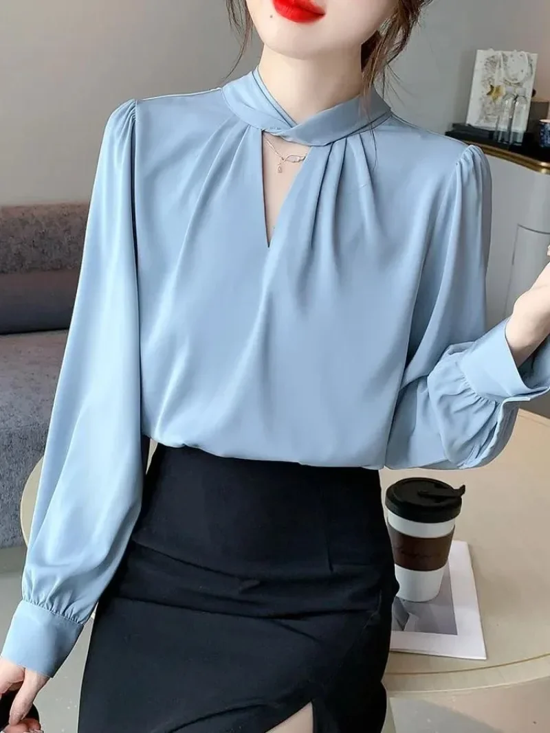 New Fashion Blouse Women Blue Black Chiffon Long Sleeve Blouse Shirt Women Tops  Blouses Shirts Blusa Camisas De Mujer 2024 G295