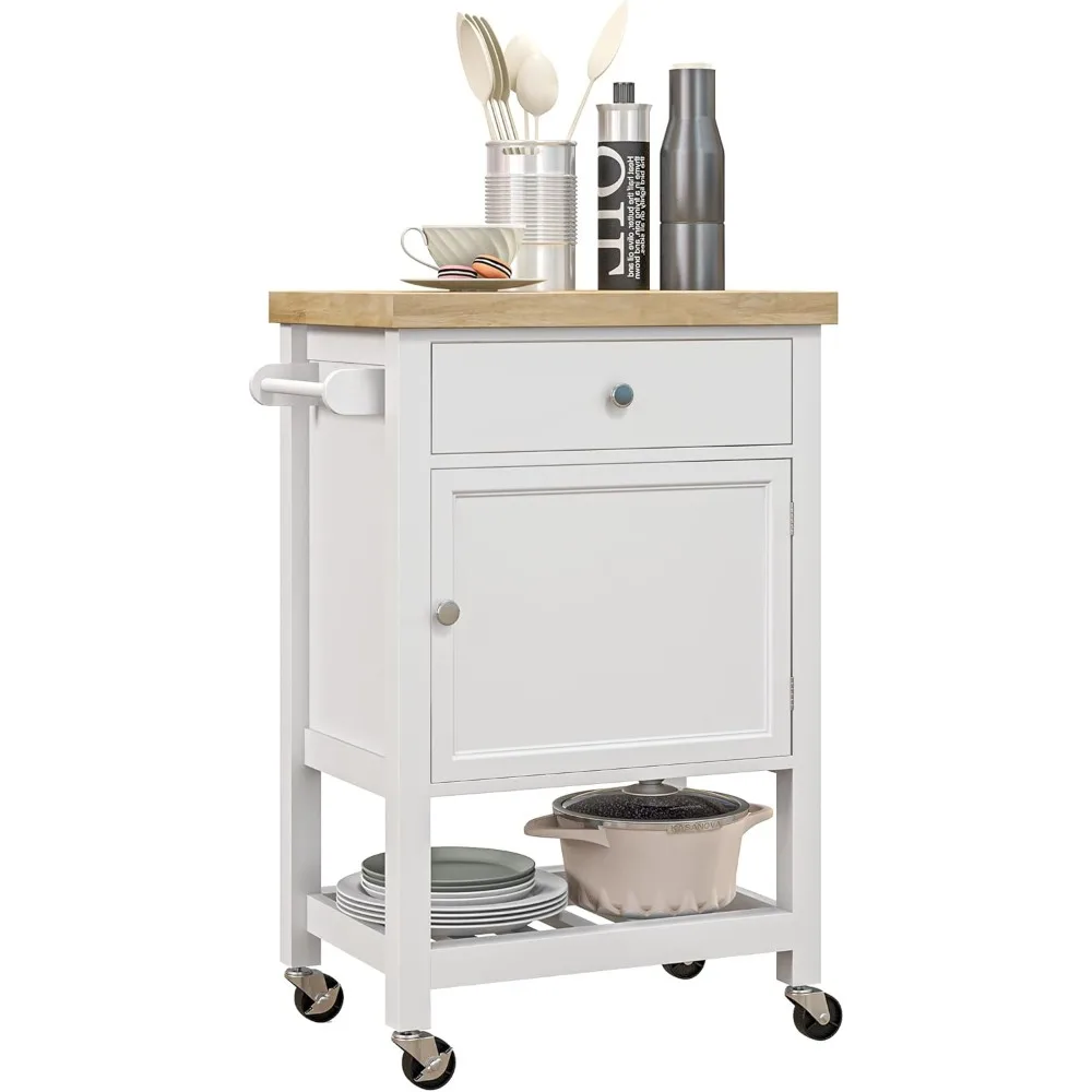 HOMCOM Utility Kitchen Cart, Rolling Kitchen Island with Smooth Rubberwood Top, Narrow Butcher Block Surface on Wheels with Stor