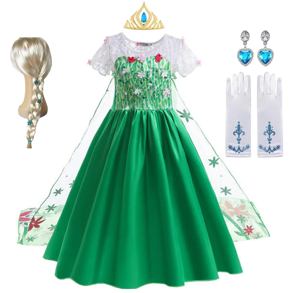 Elsa Green Dress for Kids Girl Princess  Costume Dresses  Children Long Cloak Floral Lace Ball Gown Summer