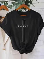 Short Sleeve Top Stretchy Polyester Blend Machine Chic Paris Letter Print Women's T-Shirt Casual Crew Neck
