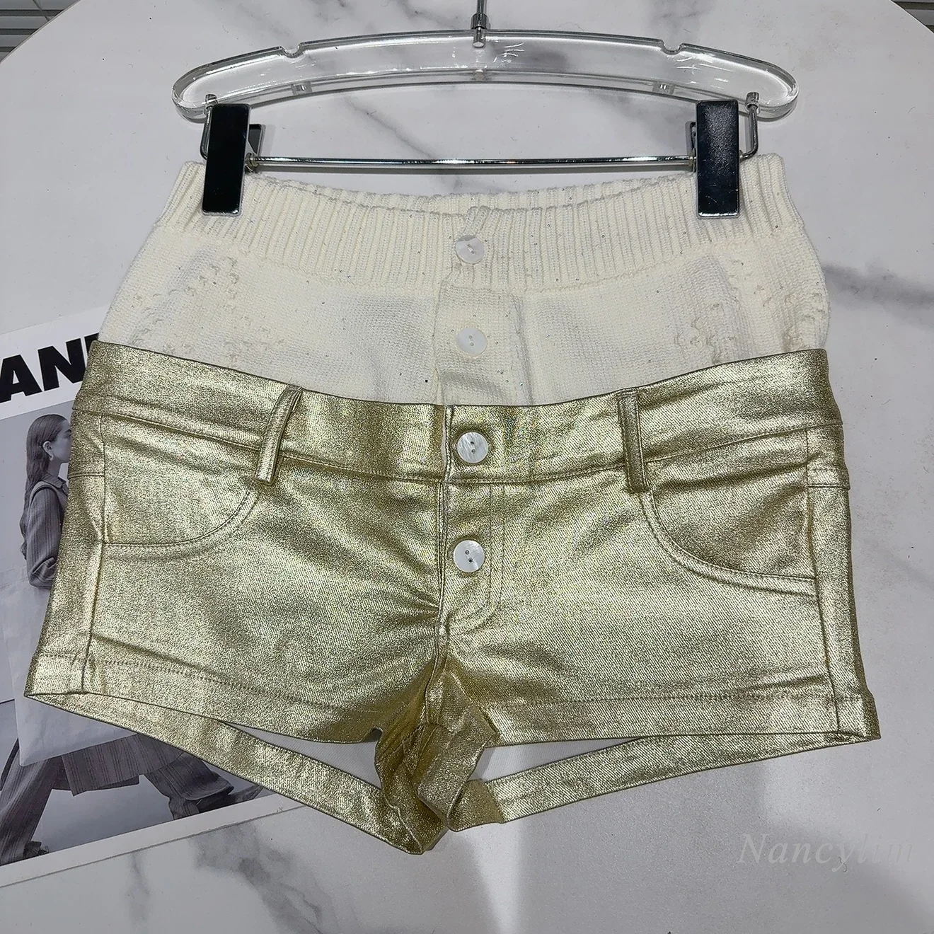 2024 Winter New Niche Knitted Double Waist Splicing Gold PU Leather Spice Girls Shorts Boots Shorts for Women