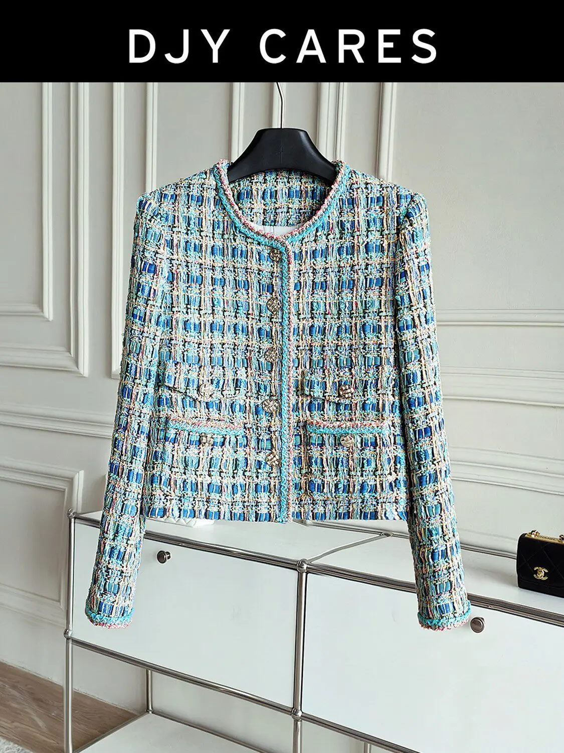 New Peacock blue tweed coat, fashionable and exquisite round neck top Can customize size