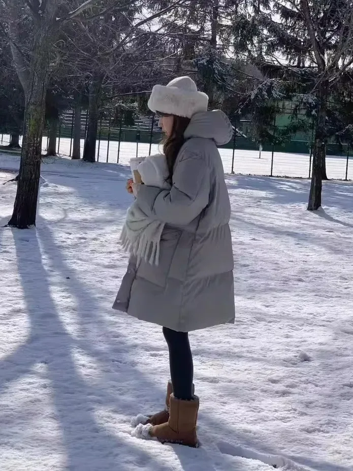 Onza 90 Du down Jaet con capucha de longitud media para mujer Color puro invierno nuevo Sle tela de nailon cálida cierre de cremallera viaje Sle