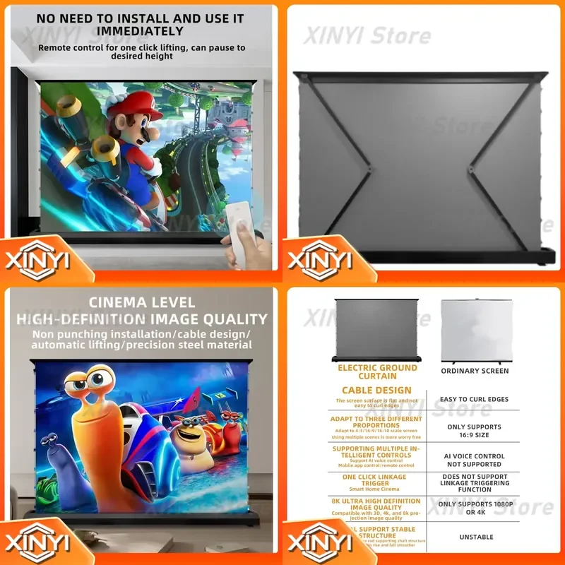 for 120 Inch 16:9 Long Focus Ambient Light Rejecting Screen Motorized Floor Rising Projection Screen