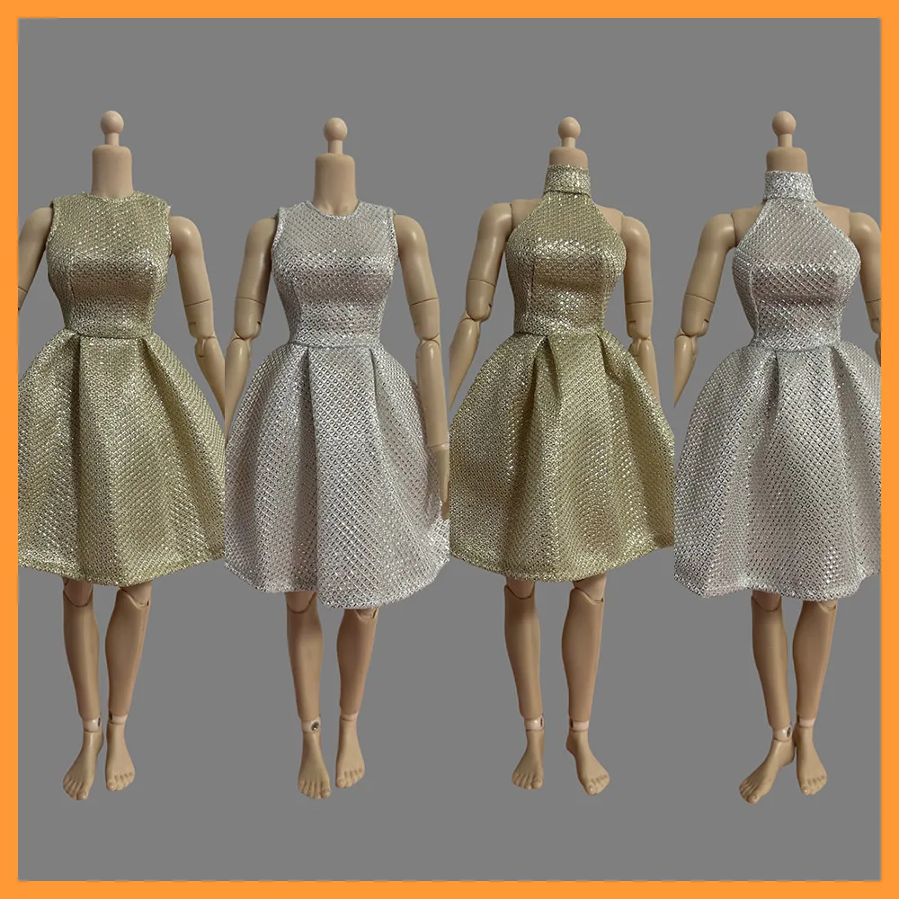 

1/6 Scale Female Delicate Mini Party Dress Silver/Gold Halter Backless Evening Dress for 12in Action Figure Body Model Toys DIY