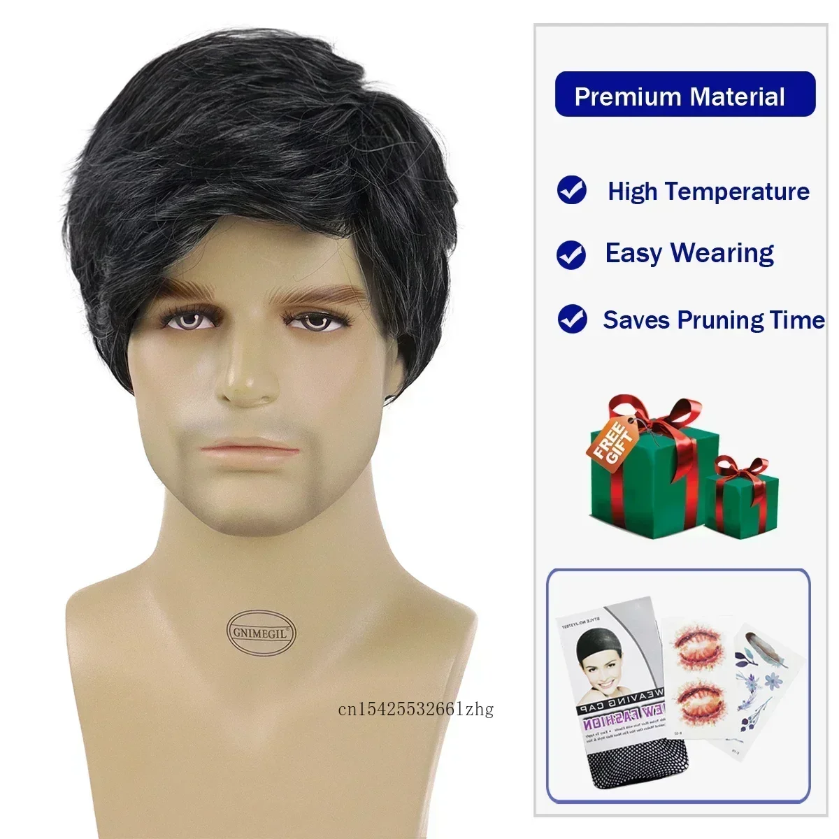 Peruca curta sintética masculina com franja lateral misturada peruca preta masculina natural pixie corte de cabelo peruca diária cosplay fibra macia resistente ao calor