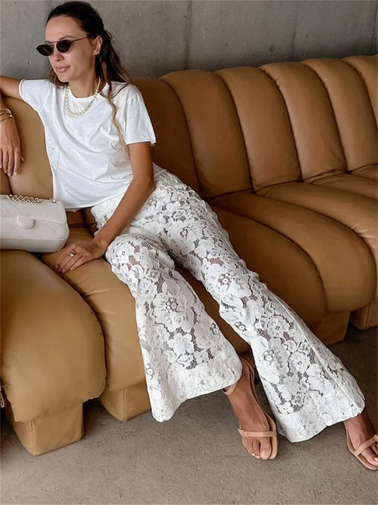 White Printed High Waist Straight Legg Women Patchwork Hollow Out Fashion See-Through Lace Women's Pants Summer Clothes