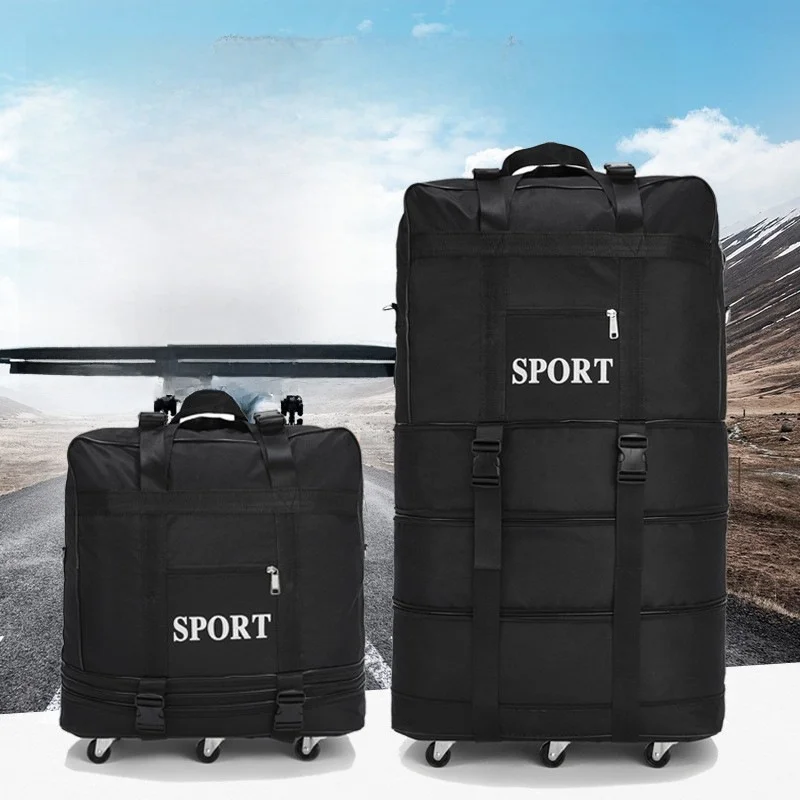 大容量3層拡張スポーツバッグ、二重安全ベルト付き、チェックイン荷物用大型6輪オックスフォード布製トラベルバッグ