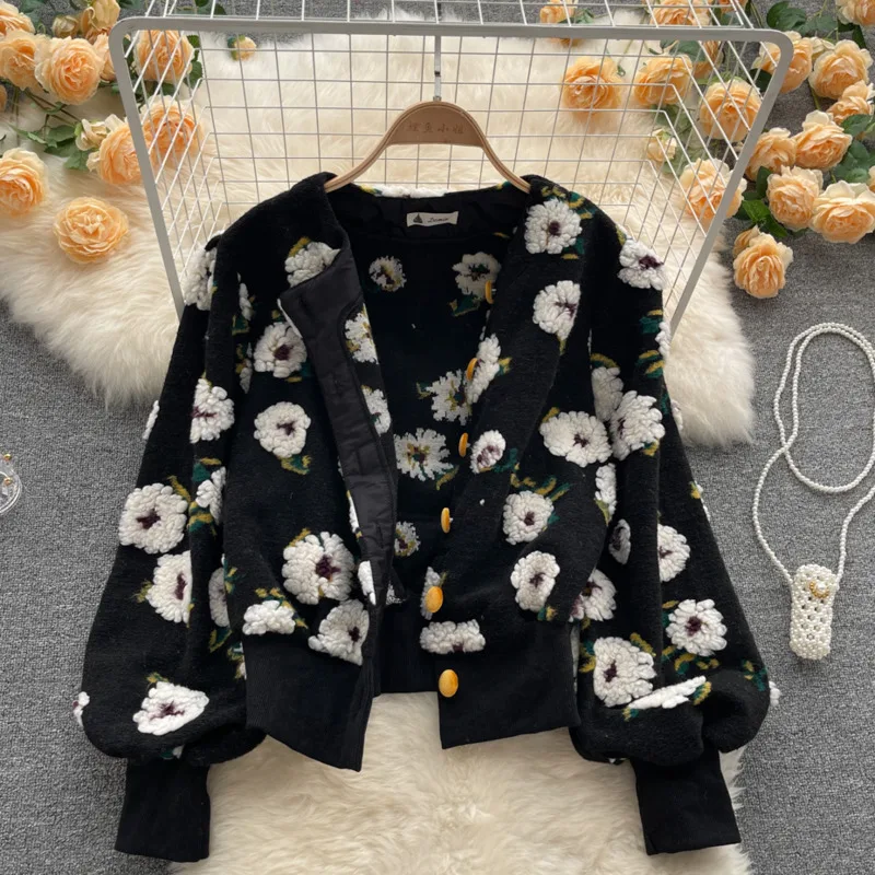 2023 Spring New Three-dimensional Flower Bubble Sleeve O Neck Plush Cardigan Short Warm Coat Tops Women Red Clothing