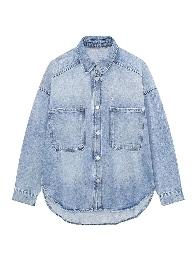 

HH TRAF Women Casual Lapel Denim Jacket Fashion Long Sleeves Loose Shirt Tops Pockets Female Elegant Single Breasted Jean Top