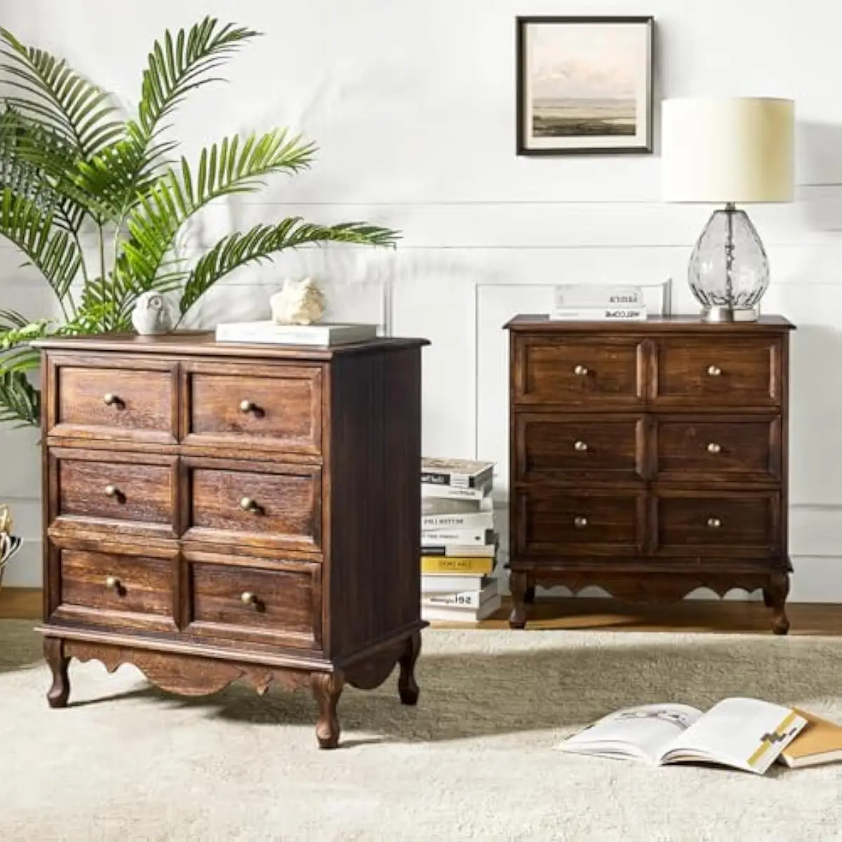 Solid Wood Nightstand Duo Featuring Built-in USB/AC Charging Hub, Three Organized Divided Drawers, Rustic Farmhouse Design with