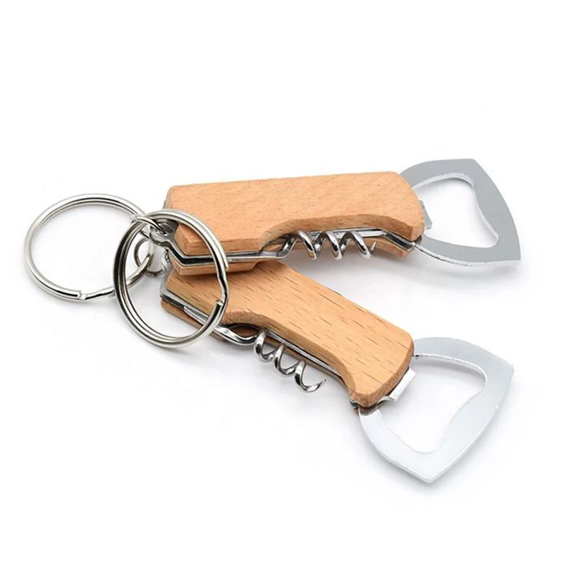 5Pcs Multifunctional 3 in 1 Corkscrew & Opener Peeler Key Chain Wood Handle Wine Core Screw Beer Bottle Opener Keychain