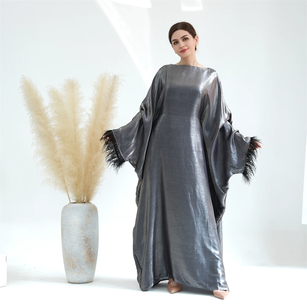 

Muslim Abaya Feather Satin Women Long Maxi Dress Turkey Party Islamic Dubai Arab Robe Femme Morocco Jalabiya Vestidos Clothing