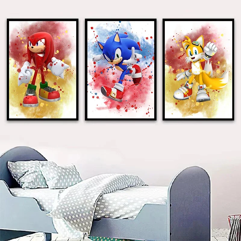 Watercolor S-Sonic Cartoon Characters Anime Adventure Nursery Poster Canvas Painting Wall Art Pictures Home Dorm Decor