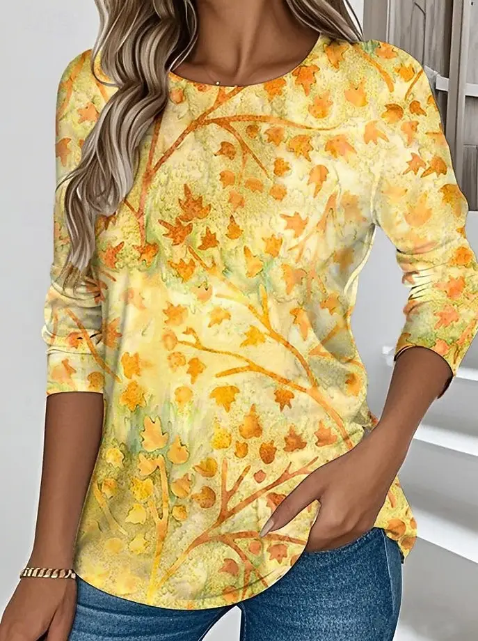 

Women's T-shirt 3D Printed Maple Leaf Floral Print Fashion Long Sleeve Round Neck Regular Top Holiday Weekend Spring and Autumn