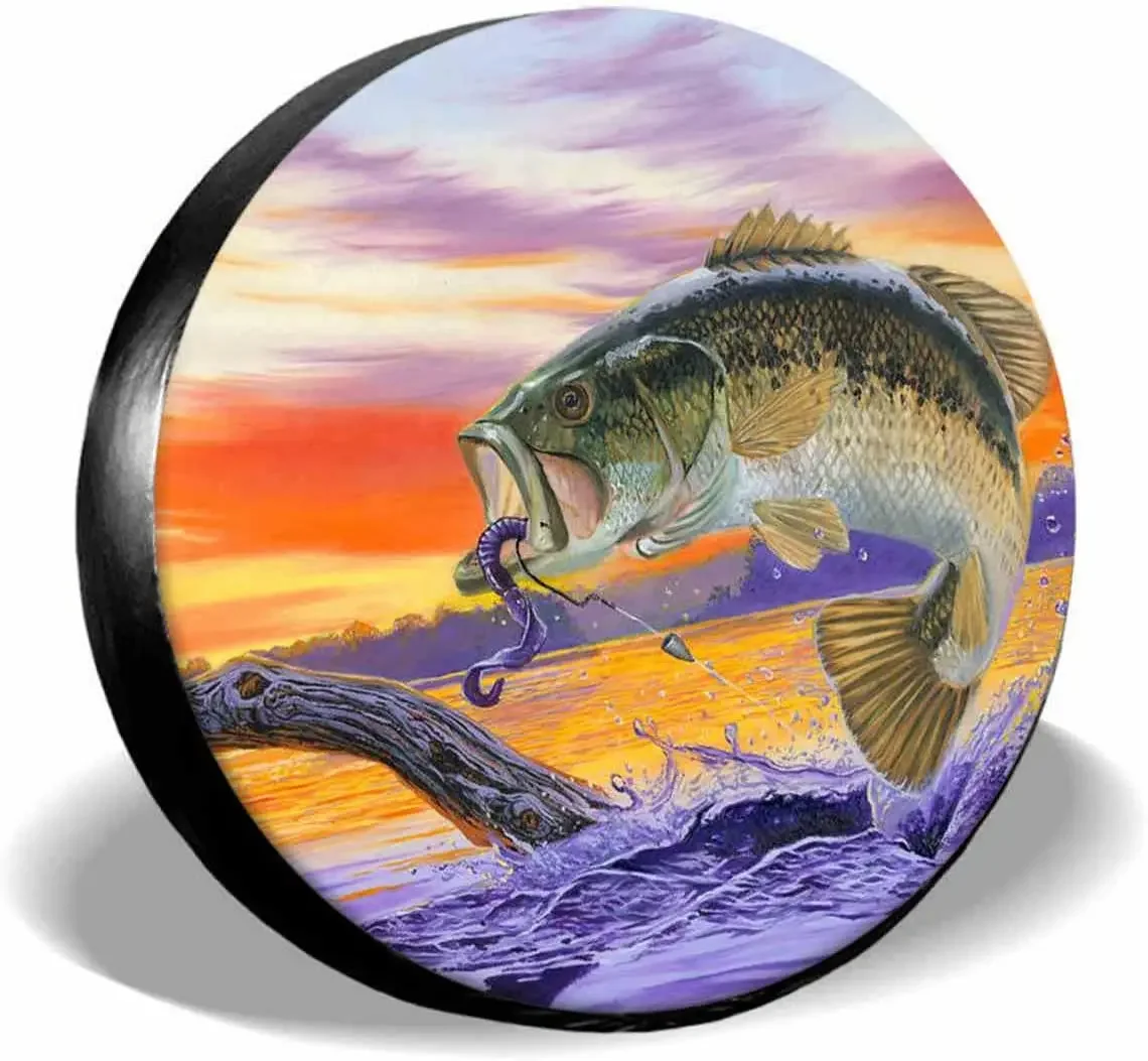 Bass Fish Spare Tire Cover,UV Sun Protectors Wheel Cover Sea Animal Jumps Water Wave Tire Cover Universal Fit