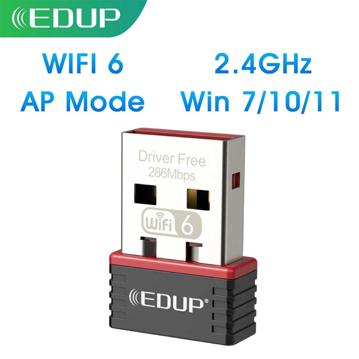 EDUP AX300 WiFi6 USB Adapter 286Mbps Driver-Free 2.4GHz Wireless for Win7 Win10 Win11 Infrastructure and Ad-Hoc Mode