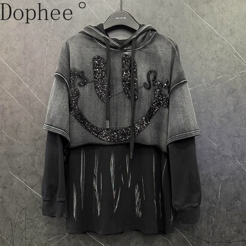 2025 New Spring Autumn Faux Two-piece Hooded Pullover Top Shiny Sequins Letters Long Sleeve Sweatshirt Black Grey Casual Hoodies