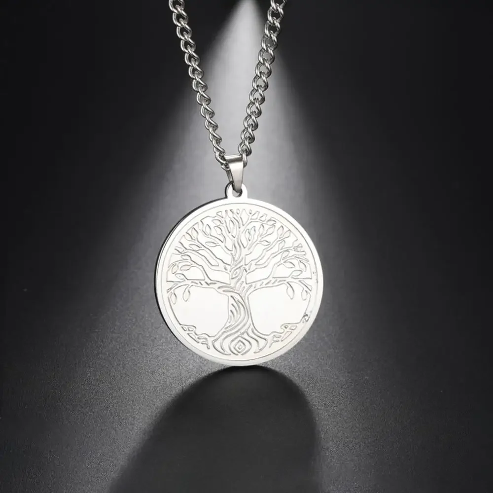 Skyrim Tree of Life Stainless Steel Necklace Silver Color Talisman Amulet Long Chain Necklaces Vintage Jewelry for Men