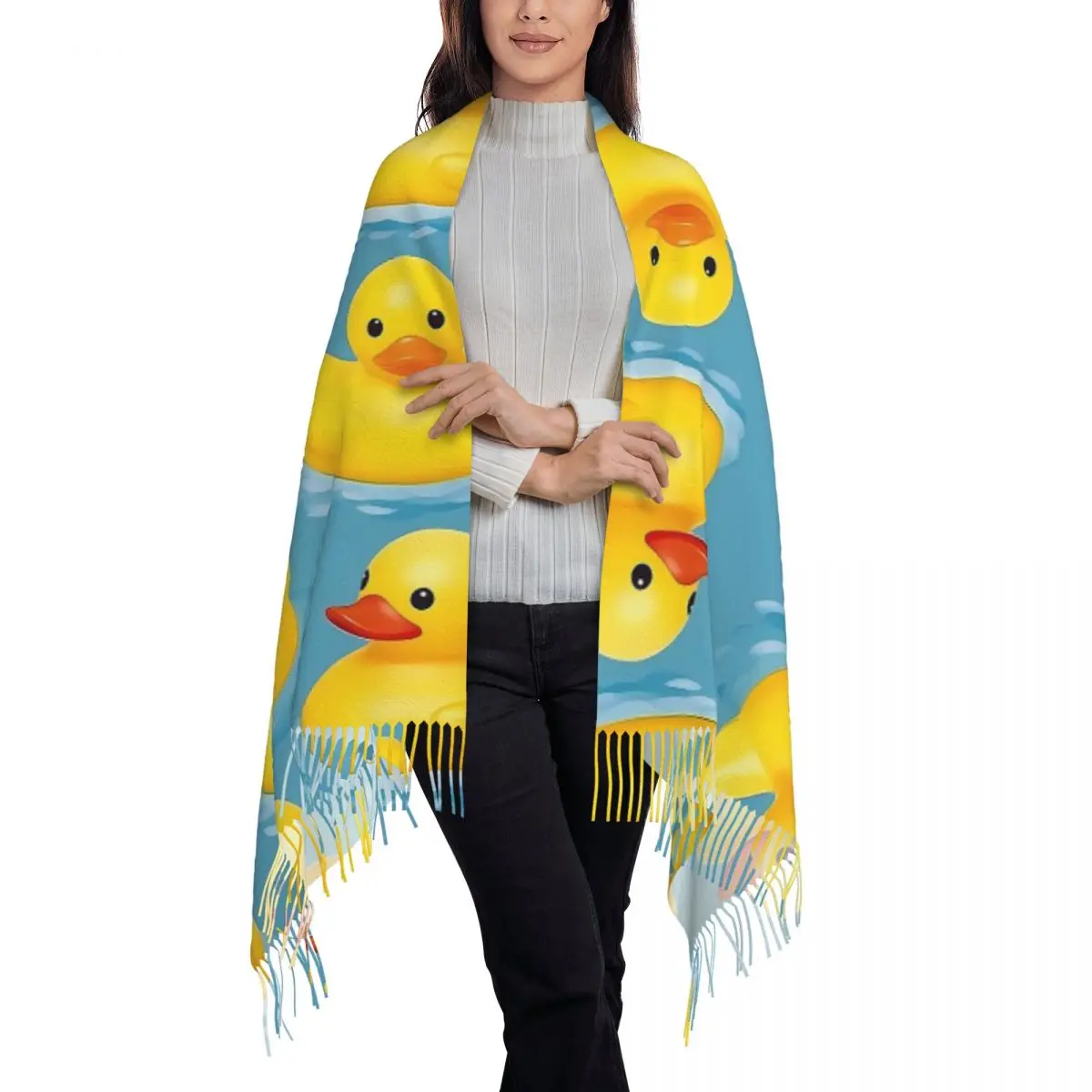 Watercolour Rubber Duck Seamless Pattern Scarf Tassel Scarves Women Soft Warm Shawls and Wraps Long Fall Winter Shawl Wrap