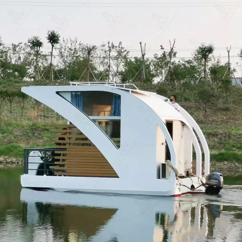 Private house boat, European water fishing houseboat, scenic meeting lake aluminum plate floating